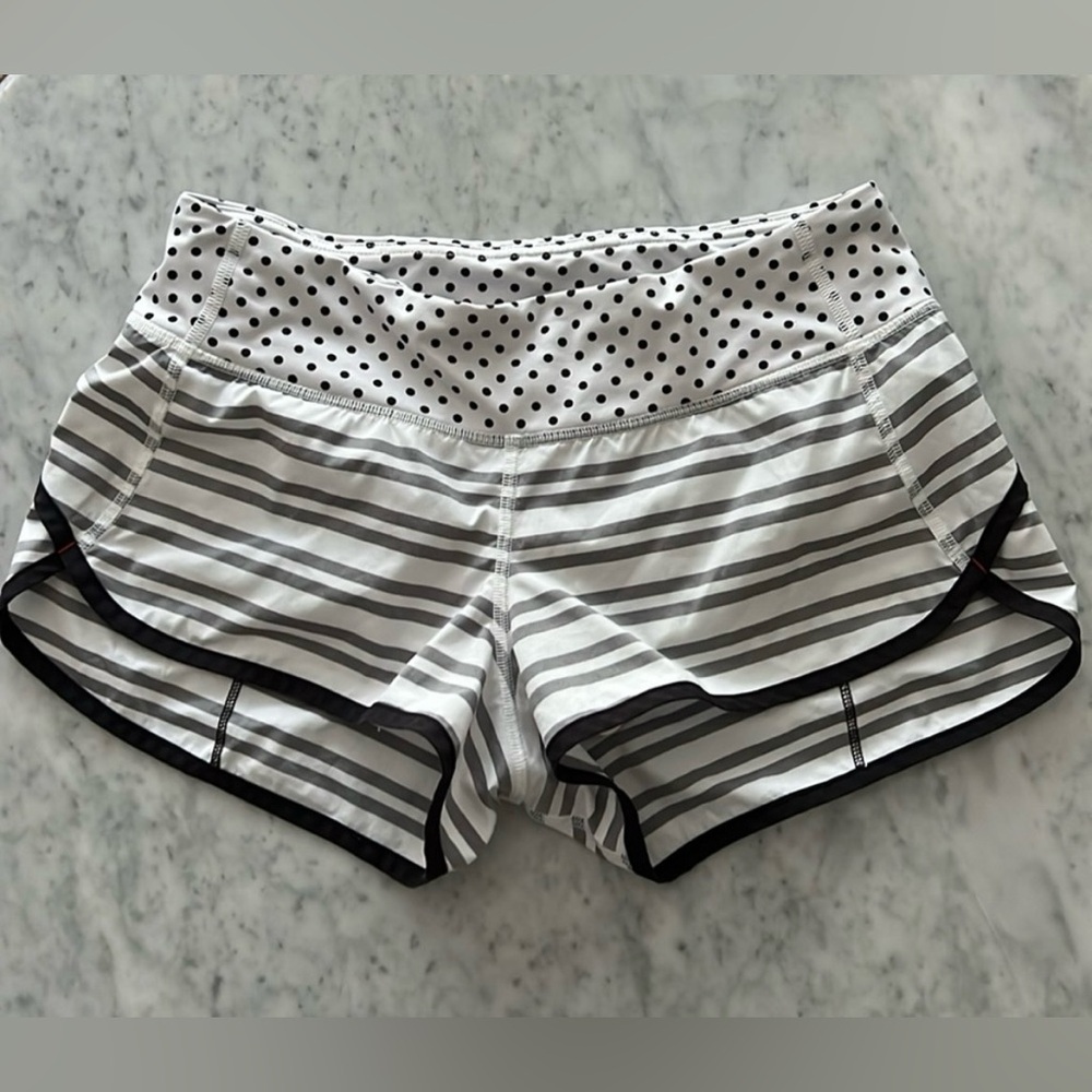 Lululemon running shorts, size 4, white with black polka dots and stripes